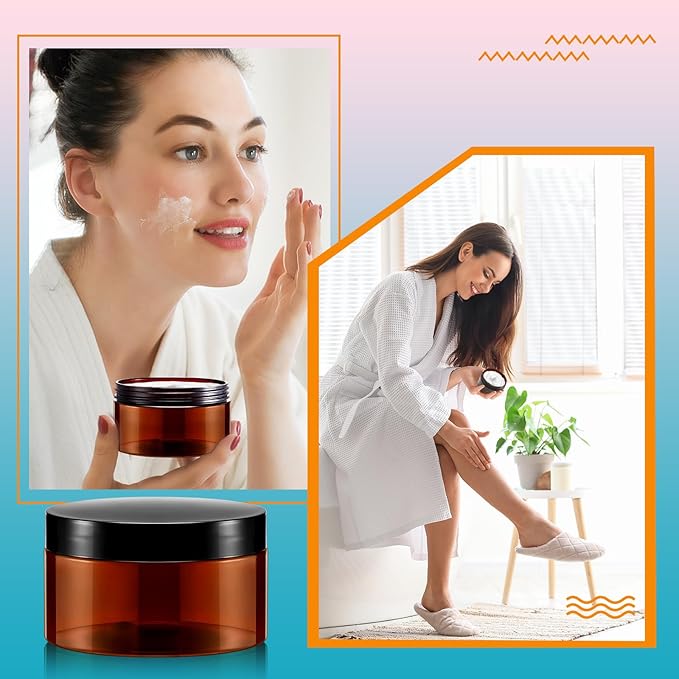 Dandat 24 Pcs 8 oz Plastic Jar Container with Lid and Label Refillable Empty Round Amber PET Cosmetic Sample Slime Containers for Lotion, Cream, Ointments, Body Butter, Makeup, Travel Storage