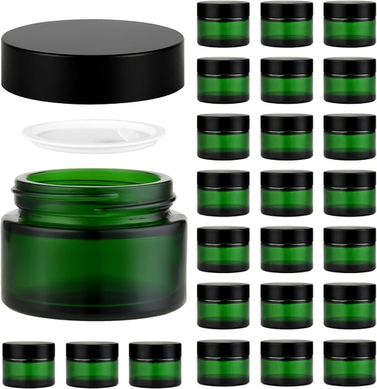 1 oz Reusable Green Glass Container Jars 24 Pack with Wide-mouth Leak Proof Cap and Inner Pull-On Lid for Travel Storage Makeup, Face Creams, Body Lotions, DIY Crafts or Others