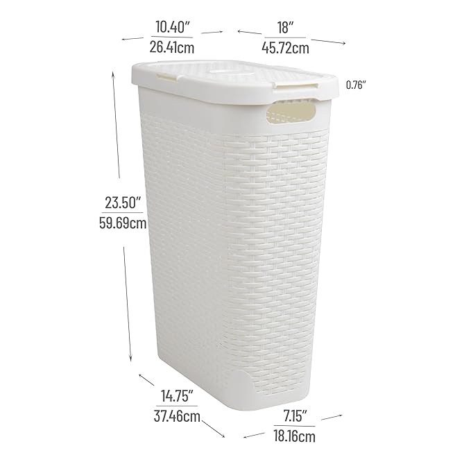 Mind Reader 40L Slim Laundry Hamper, Clothes Basket, Lid, Premium Wicker Design, Plastic, Set of 3, White