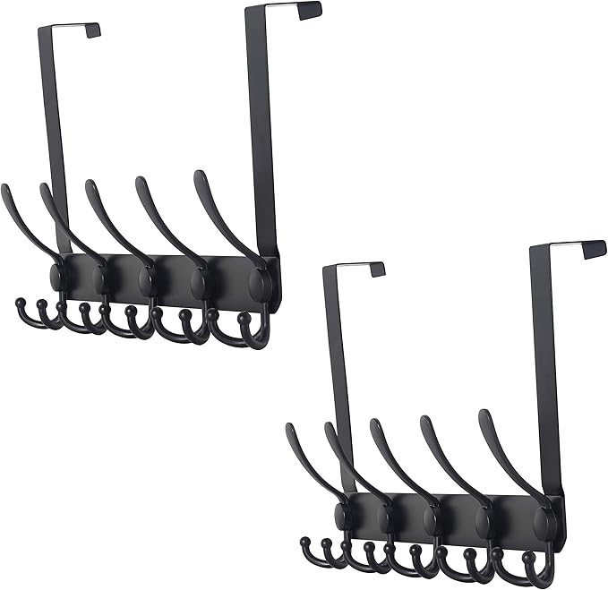 Dseap Over The Door Hook Hanger - Fits 1 3/8" to 1 3/4" Standard Doors | 5 Tri Hooks Heavy Duty Towel/Coat Rack | Door Organizer for Clothes, Jackets, Hats, Towels, Black, Pack of 2
