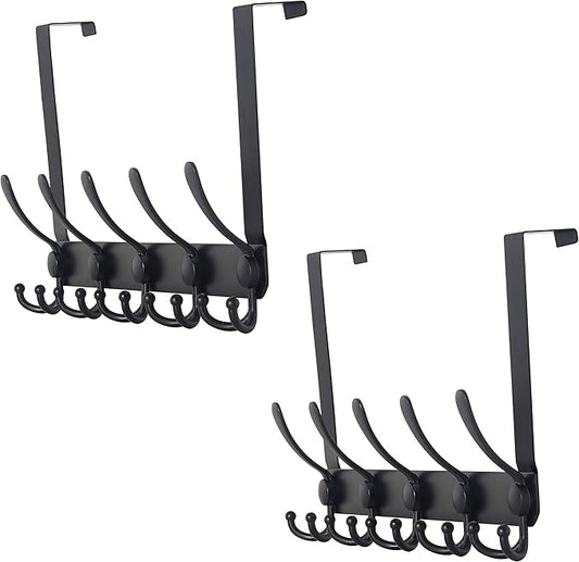 Dseap Over The Door Hook Hanger - Fits 1 3/8" to 1 3/4" Standard Doors | 5 Tri Hooks Heavy Duty Towel/Coat Rack | Door Organizer for Clothes, Jackets, Hats, Towels, Black, Pack of 2