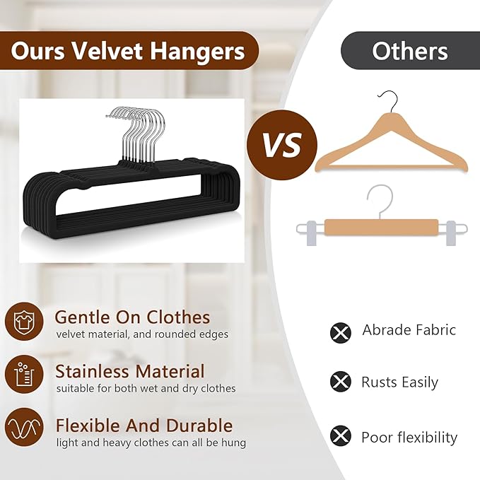 30 Pack Black Velvet Hangers Non Slip, Felt Pants Hangers Thin Space Saving Clothes Hanger Flocked Strong Durable Ganchos para Colgar Ropa with 360°Swivel Hook for Pants Jeans Shorts Skirts Tank Top