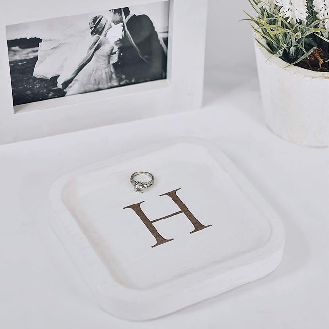 I'm Wooden Personalized Letter Catchall Valet Tray Trinket Dish Jewelry Tray Key Bowl Decorative Plate Organizing Ring Earrings Necklaces Bracelet Watch Coins Wallet Holder (6"x6" Sq White H)