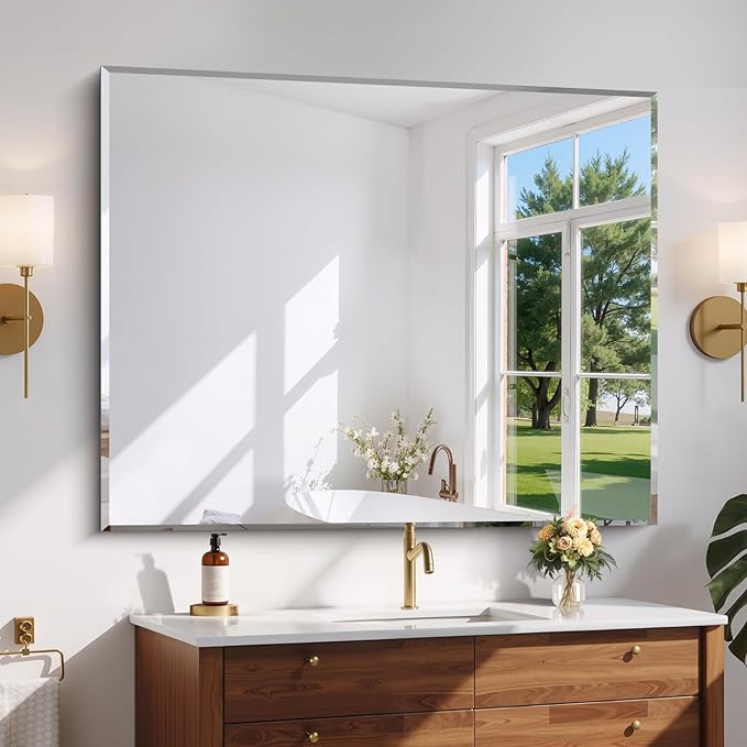 CILIBER Beveled Bathroom Mirror, 40x48 Inch Large Frameless Mirrors for Wall, Upgraded Shatterproof Rectangle Beveled Vanity Mirror Hangs Horizontally/Vertically for Bedroom, Living Room and Entryway