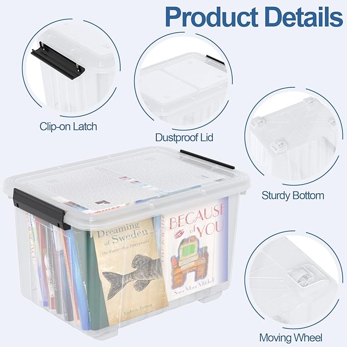 50 L Plastic Storage Bin with Wheels, Large Clear Latching Storage Box, 4 Pack