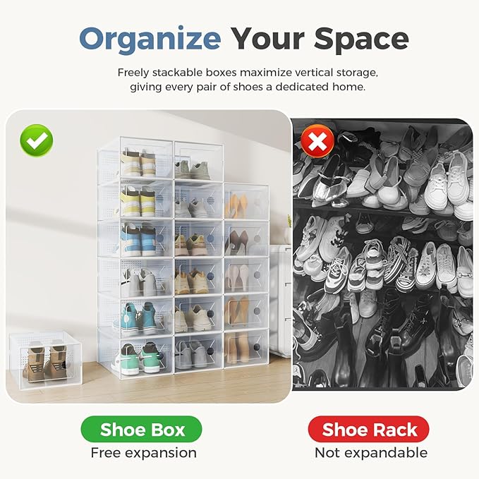 DUMOS Stackable Shoe Storage Boxes, 15-Pack Plastic Shoe Organizers with Lids, Large Shoe Rack & Holder for Closet, Under Bed, Entryway, Sneaker Display and Storage Containers, White