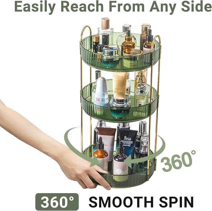 360 Rotating Perfume Organizer,3 Tier Large Capacity Make Up Organizers and Storage,Makeup Organizer for Bathroom,Cosmetic Perfume Stand Holder (Green-3 Tier)