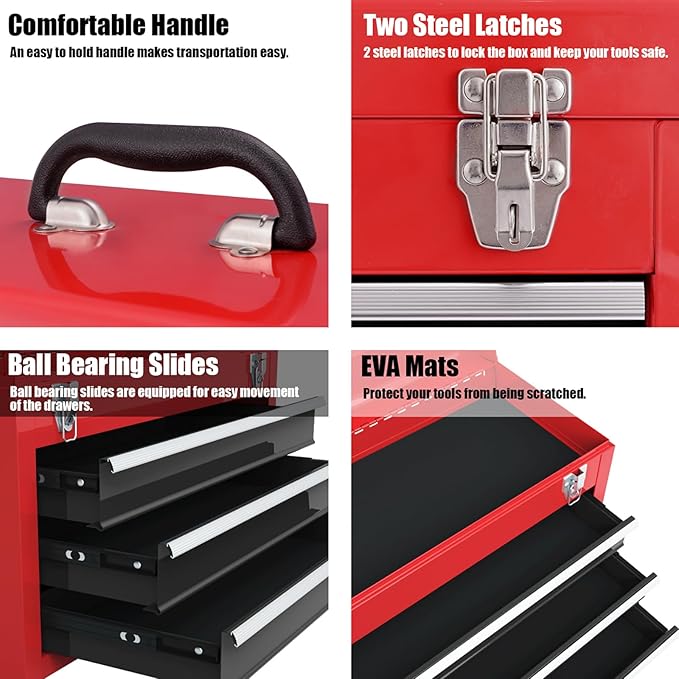IRONMAX Portable Tool Box, 20.5’’ Lockable Steel Tool Chest Cabinet w/Comfortable Handle & 3 Drawers, Heavy Duty Storage Toolbox Tool Organizer for Garage, Warehouse, Home (Black+Red)