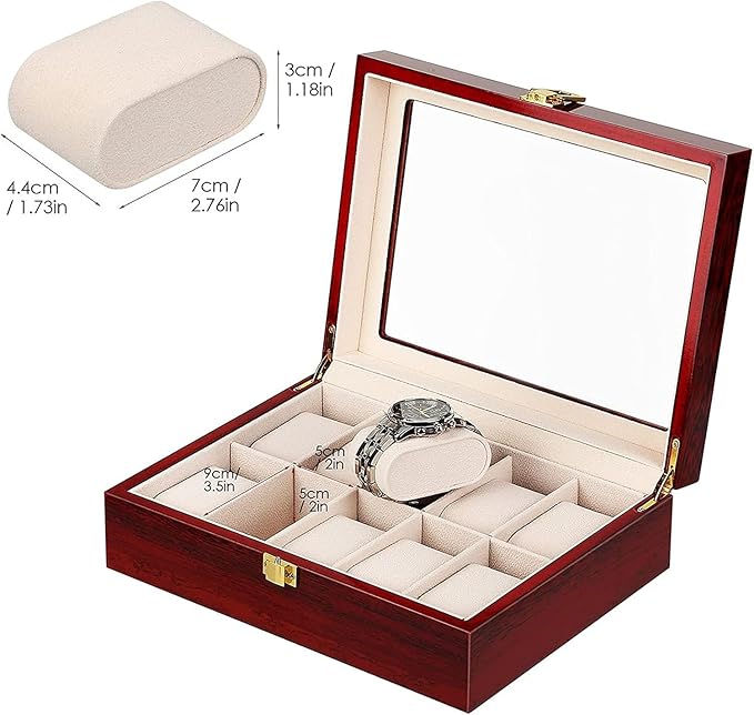 Uten Watch Box, 10 Slots Wooden Watch Case with Removable Watch Pillow, Metal Clasp Watch Display, Watch Box Organizer for Men and Women