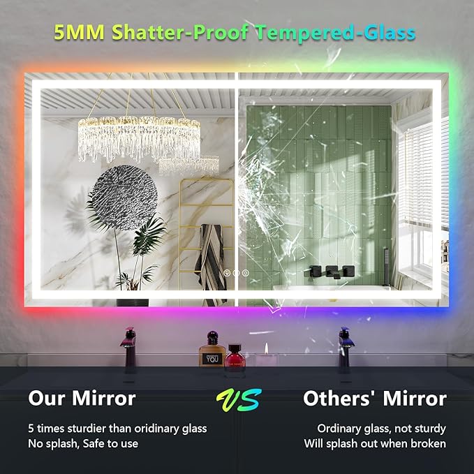 80x40 Inch RGB LED Bathroom Mirror Front Light and RGB Backlit Lighted Vanity Mirror for Bathroom Wall Mounted Dimmable Anti Fog Memory Shatter-Proof IP54 Waterproof Horizontal/Vertical