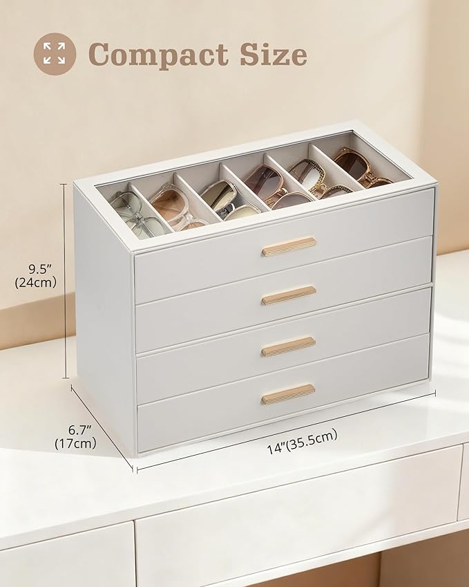 Lolalet Beige Sunglasses Storage Box for Women, Eyewear Eye Glass Organizer with Clear Top Lid Display Holder Case