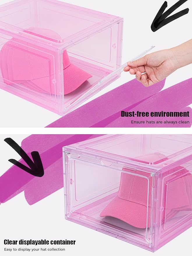 6 Pack Hat Organizer Box, Stackable Clear Baseball Caps Holder Box Containers with Magnetic Door for Hats Snapback Cap Storag, Hat Rack Display Case, Holds 8 Hats Each (Pink)