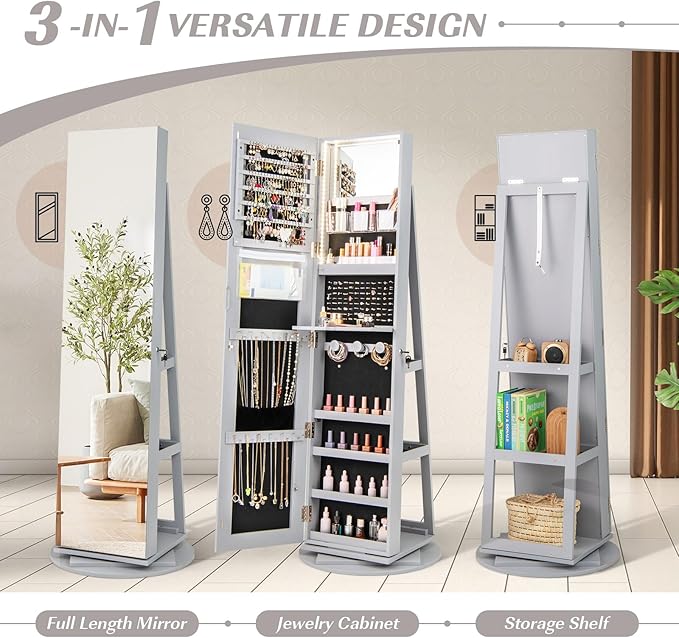 GOFLAME 360° Rotating Jewelry Cabinet with Full-Length Mirror, Freestanding Jewelry Armoire with 3-Color LED Light and Back Storage Shelf, Lockable Jewelry Organizer for Bedroom Cloakroom, Gray