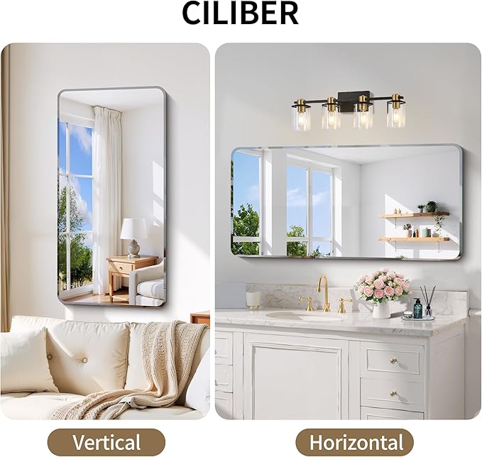 CILIBER Frameless Mirror, 24x48 Beveled Bathroom Mirror Rounded Corner, Frameless Wall Mirror Shatterproof Tempered Glass Lightweight Design for Bedroom Living Room Entryway