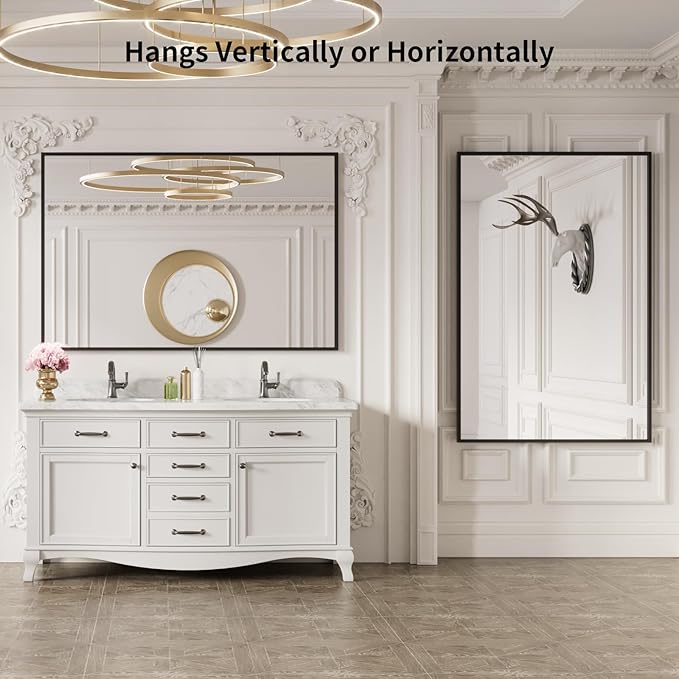 LOAAO 60"X40" Black Rectangle Bathroom Mirror Wall, Matte Black Aluminum Alloy Frame, Tempered Glass, Hangs Vertically or Horizontally, Easy to Install