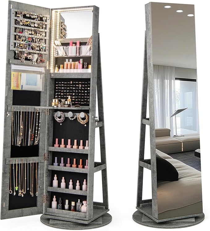 CHARMAID 360° Swivel Jewelry Armoire with Full Length Mirror, Rear Storage Shelves, Lockable Standing Jewelry Cabinet Organizer with Interior Vanity Mirror and 3-Color Lights (Stone Gray)
