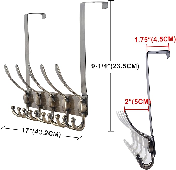 Dseap Over The Door Hook Hanger - Fits 1 3/8" to 1 3/4" Standard Doors | 5 Tri Hooks Heavy Duty Towel/Coat Rack | Door Organizer for Clothes, Jackets, Hats, Towels, Bronze