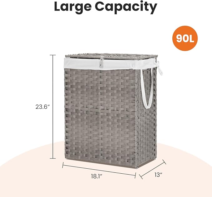 90L Laundry Hamper with Lid, Hand-Woven Pp Rattan Laundry Basket with Compartments & Handles, Removable Liner Bags,Foldable, Narrow Dirty Clothes Basket, Grey
