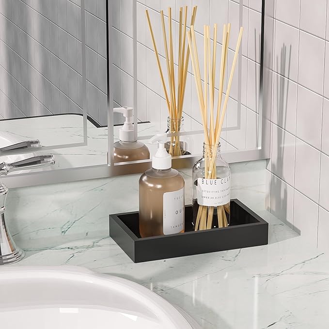 ZHWS Small Bathroom Vanity Tray for Countertop Makeup Perfume Decor Candle Jewelry, Small Kitchen Tray for Soap Dispenser Spice Sponge Holder Black Toilet Tray 7.9”L x 4.4”W x 1.14”H