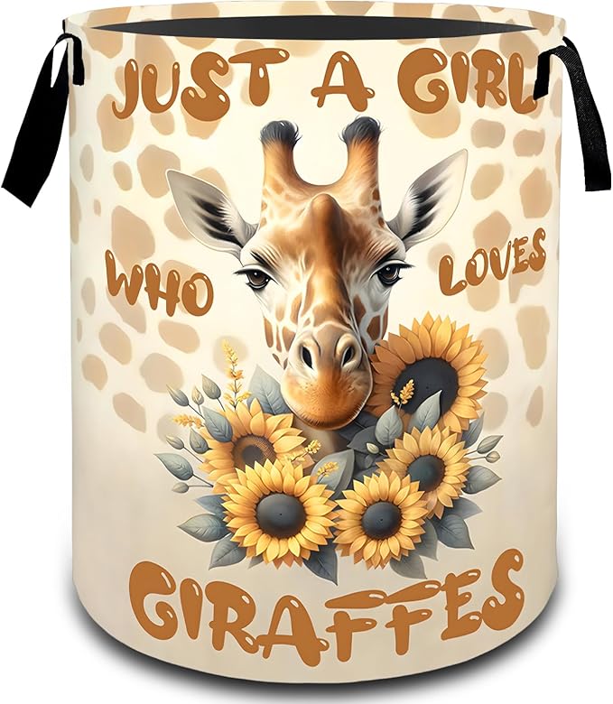 Giraffe Sunflower Laundry Basket, Dirty Collapsible Clothes Toy Organizer Hamper for Kids Adults, Oxford Cloth Waterproof Storage Bin for Bedroom Bathroom Home Decor Gifts, 19.7"X15.7"