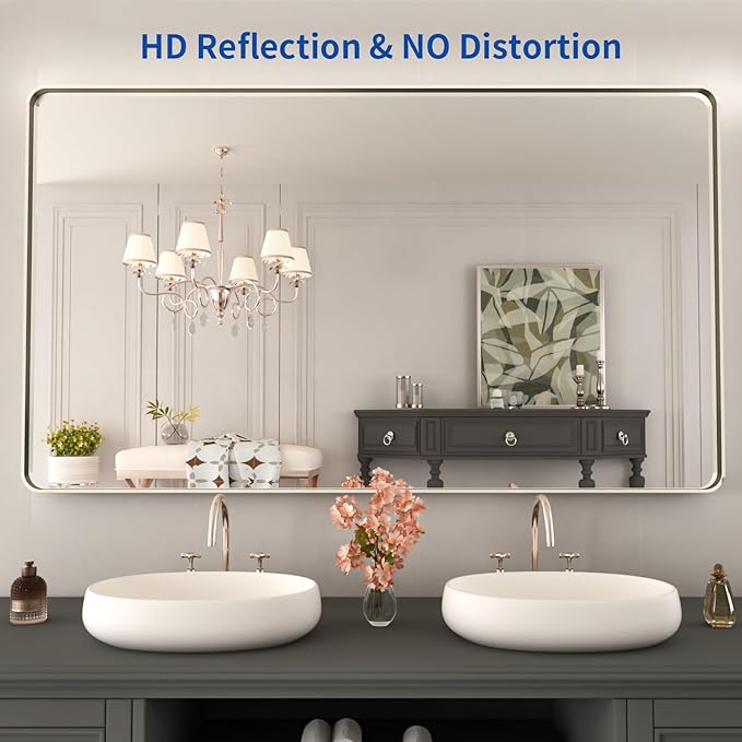WEER 50X30 Inch Brushed Nickel Bathroom Mirror, Brushed Silver Metal Frame Mirror, Rounded Rectangle Silver Bathroom Vanity Mirror, Tempered Glass, Anti-Rust, Hangs Horizontally or Vertically