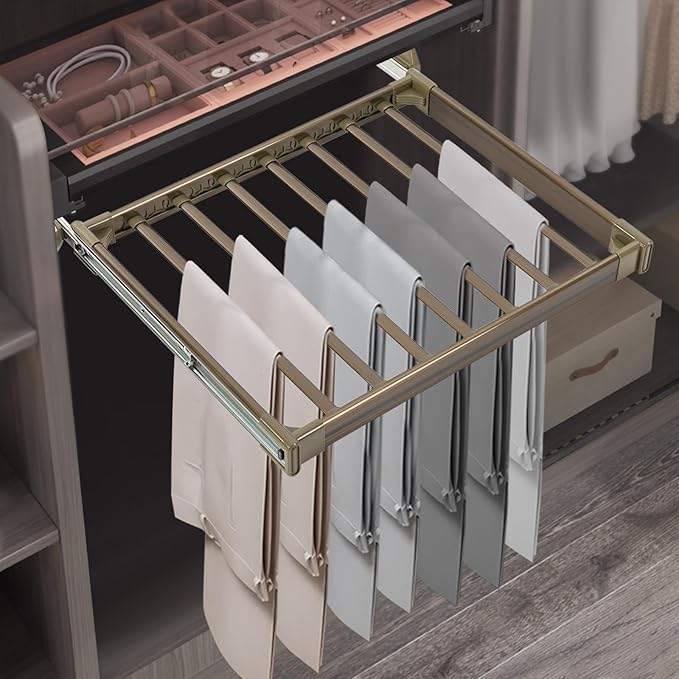 11 Arms Slide Out Pants Rack Closet Pants Hanger Bar Pull Out Trousers Rack Tie Belts Scarf Racks, Top Mounted Wardrobe Clothes Organizers Rail Pull Out Closet Storage Rod-Champagne