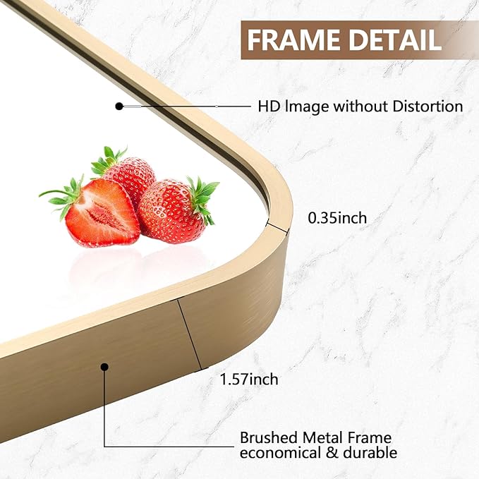 Gold Mirror, 40x30 Inch Framed Rectangle Mirror with Rounded Corner, Brushed Brass Mirror, Gold Bathroom Mirror for Over Sink, Vanity, Living Room, Bedroom, Horizontal/Vertical