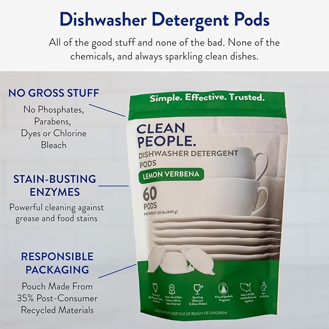 The Clean People Dishwasher Pods - Cuts Grease & Rinses Sparkling Clean - Residue-Free - Phosphate Free Dishwashing Pods - Peppermint, 60 Pack