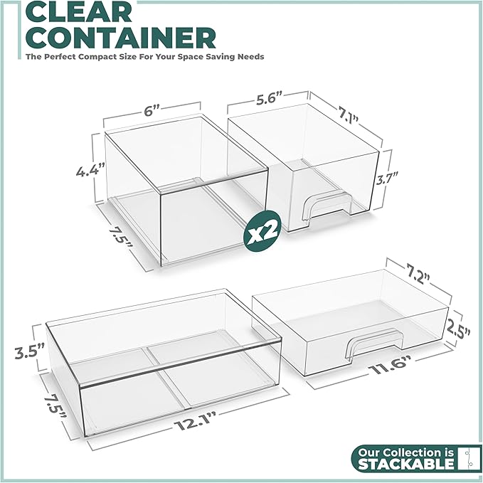 Sorbus Stackable Acrylic Storage Drawers – 4 Small + 2 Wide – 6 Pack Clear Plastic Organizer Bins for Baby Bottles, Makeup, Bathroom & Vanity, Pull-Out Drawer Design for Kitchen Cabinets