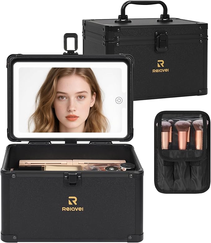 Relavel Makeup Bag with LED Mirror, Travel Cosmetic Train Case with 3 Colors Light up Mirror, Portable Makeup Aritst Storage Organizer Box with Brush Holder, Birthday Gifts for Women and Girls, Black