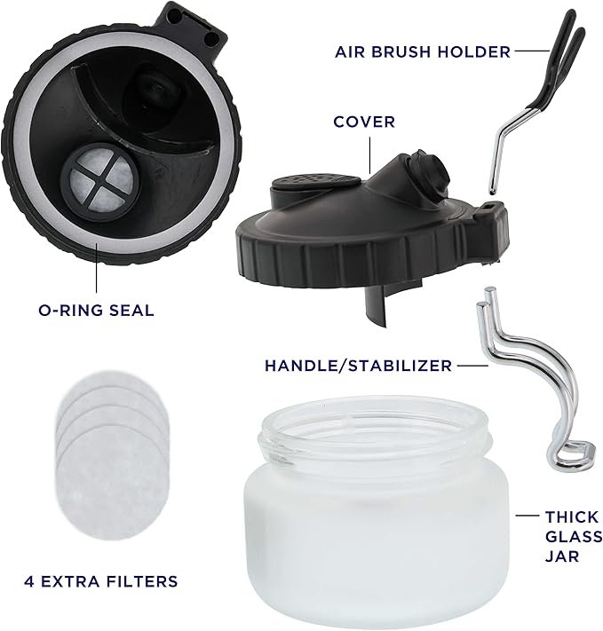 Master Airbrush 13 Piece Airbrush Cleaning Kit - Glass Cleaning Pot Jar with Holder, 5 pc Cleaning Needles, 5 pc Cleaning Brushes, 1 Wash Needle, & How to Link Card
