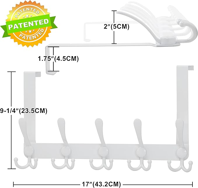 Dseap Over The Door Hook Hanger - Fits 1 3/8" to 1 3/4" Standard Doors | 5 Tri Hooks Heavy Duty Towel/Coat Rack | Door Organizer for Clothes, Jackets, Hats, Towels, Grey, Pack of 2
