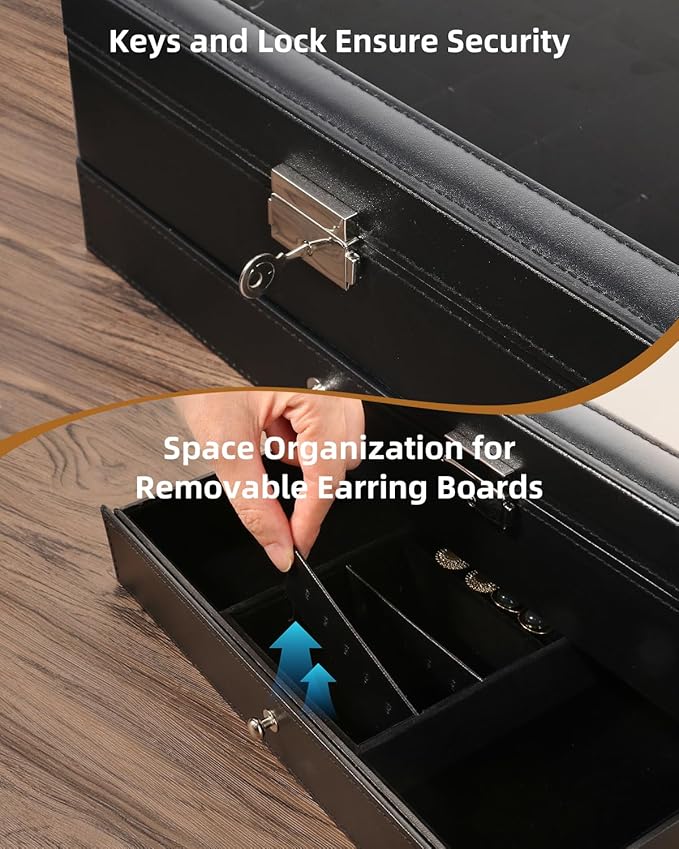 Uten 12-Slot Watch Box, 2-Layers PU Leather Watch Case with Glass Lid, Watch Holder Organizer with Soft Pillow and Velvet Lining, Watch and Jewelry Storage Box, Black