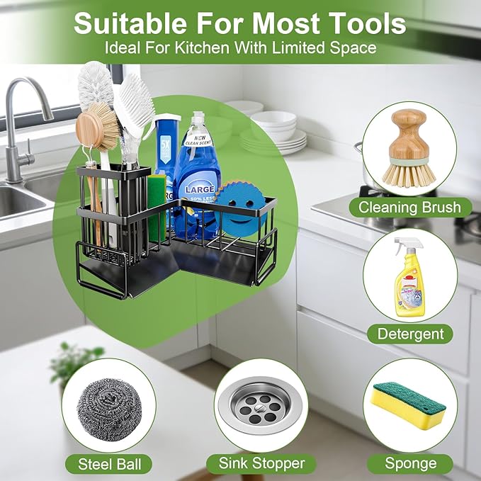 Large Sponge Holder for Kitchen Sink, Sink Caddy Organizer with Dish Brush Holder for Countertop Corner Storage Rack, Metal L-Shaped Kitchen Sink Sponge Soap Organizer Storage Ideas