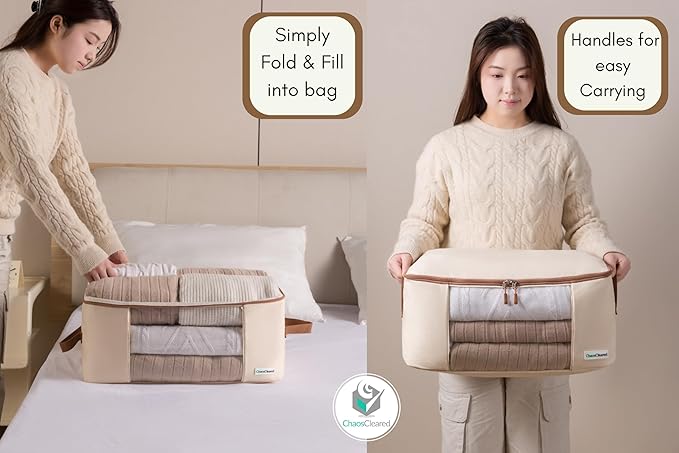 Canvas Storage Bags Designer Organizer for Clothing 2 Pack – Clothes Organizers for sweaters, clothing, garment, bedding, quilt, linens, large bag with zip & window, mothproof