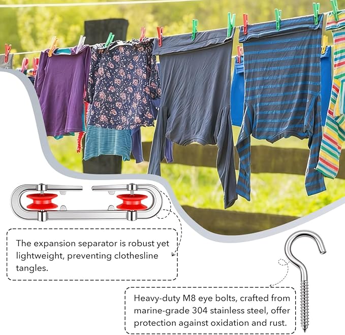 Clothesline Kit, Sunwuk Heavy Duty Clothesline Kit with 3/16" 100Ft PVC Coated Clothes Line Wires, Clothesline Nylon Pulley, Perfect for Drying Clothes Outside