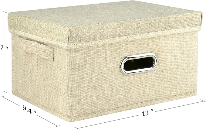 Collapsible Fabric Storage Box with Lid and Handles, Linen Storage Containers, Nursery Storage Basket for Gifts, Books, Magazines, CDs, Kids Toys, Clothes, Underwear, Makeup, 13" x 9.4" x 7", Beige