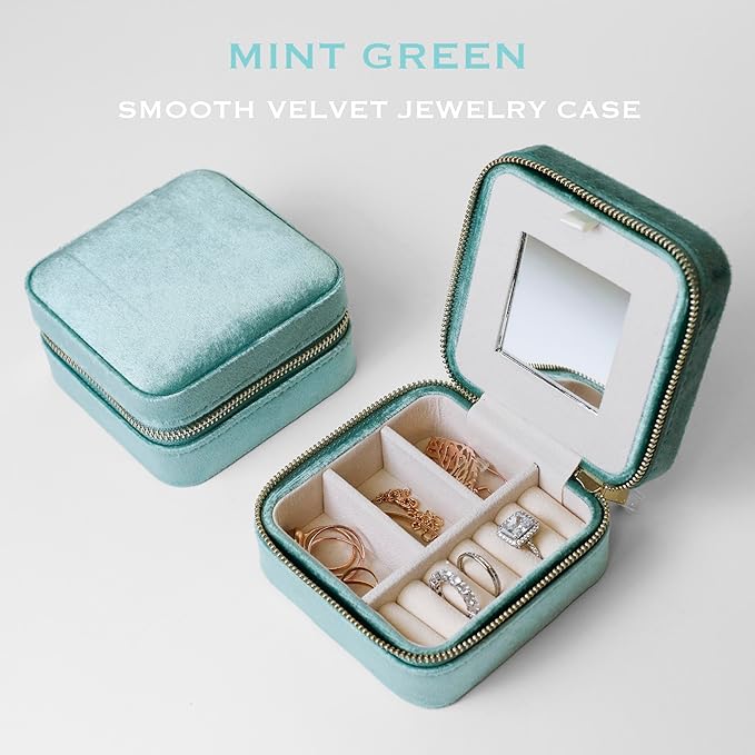 Customizable Compact Velvet Jewelry Box with Mirror, Travel Jewelry Case, Travel Jewelry Organizer, Jewelry Box for Women and Girls, Small Jewelry Organizer (Center Text, Mint Green)