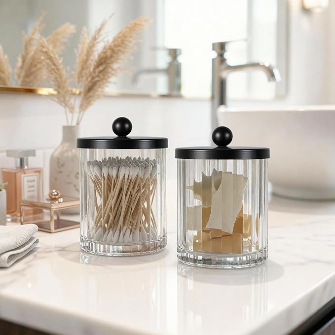 Amolliar Qtip Holder Dispenser for Cotton Swabs, Cotton Balls, Pads, Floss Picks, Clear Glass Canister Apothecary Jar, Bathroom Essential Accessories Decor, Bathroom Storage Organizer (Black, 4 Pack)