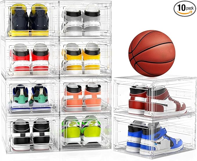 10 Pack Extra XX Large Hard Plastic Clear Stackable Shoe Storage Box Organizer for Closet, Thicken Sturdy Sneaker Shoe Rack Display Case Containers Bins with Lids and Magnetic Door, Clear