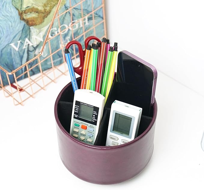 Hennaja Round Leather Art Supply Organizer,Remote Control Holder,360 Degree Spinning,Multi-Functional Pencil Holder,4 Compartments Desktop Stationary Organizer(1-Oil Brown)