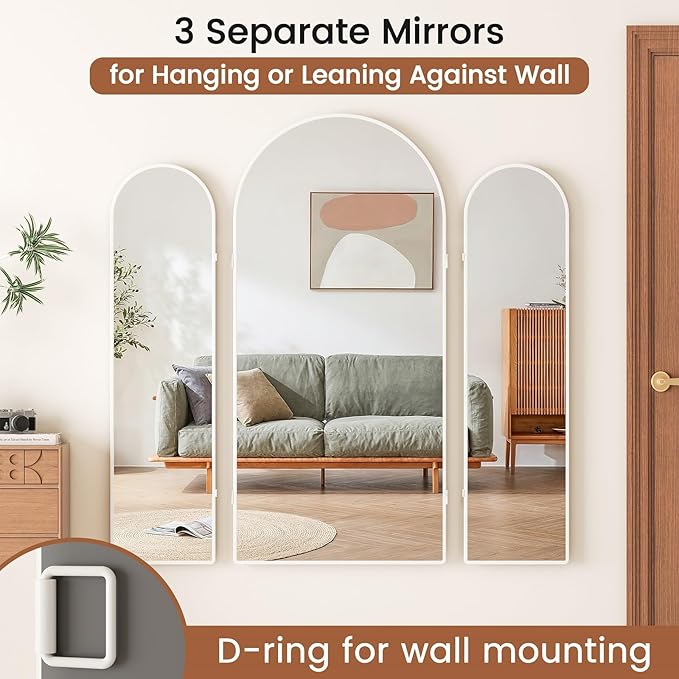 3 Way Arched Full Length Mirror Free Standing, 71"x 67" Large Modern Trifold Mirror, 3-in-1 Detachable Panel Tempered Glass & Metal Frame, for Dressing Room, Bridal Shop, Clothing Store (White)