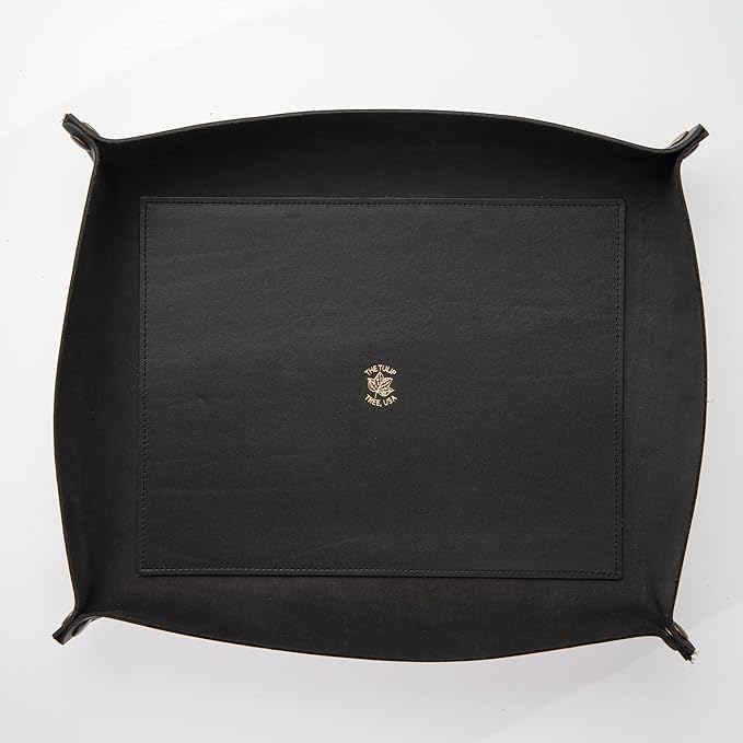 USA Handmade Premium Leather Valet Tray, Folds Flat! Dice Rolling Basket and Organizer with Brass Snaps - Reinforced Base - for Keys, Jewelry, Coin, EDC, Watch Storage Caddy - Black XLarge