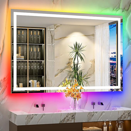 60x40 Inch RGB LED Bathroom Mirror Front Light and RGB Backlit Lighted Vanity Mirror for Bathroom Wall Mounted Dimmable Anti Fog Memory Shatter-Proof IP54 Waterproof Horizontal/Vertical