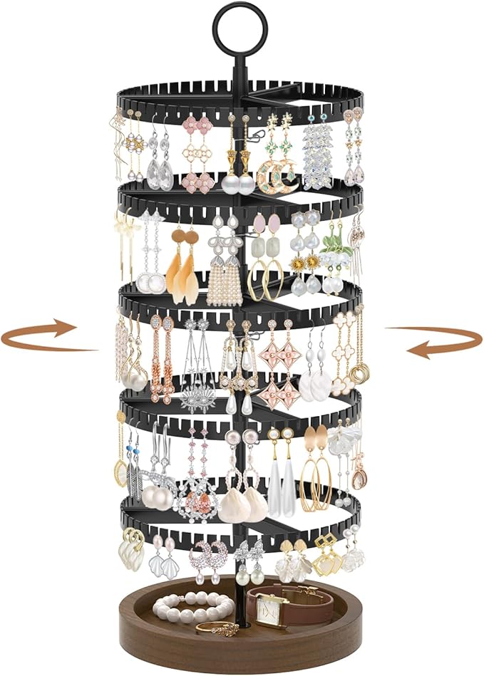 iDavosic.ly 5 Tier Rotating Earring Holder Organizer with Wooden Tray, Large Dangle Display Stands Tree with 285 Plastic Grooves, Adjustable Hoop Storage Rack, Space Saving Tower, Black & Brown