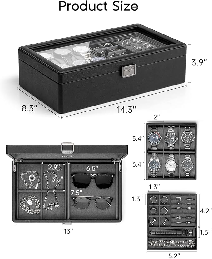 Vlando 6-Slot Watch Box Organize, Lockable Watch Case with Textured Leather, 2 Layer Watch Holder for Rings, Bracelets, Glasses, Glass Lid, Removable Divider, Gift for Fathers, Husband, Friend, Grey