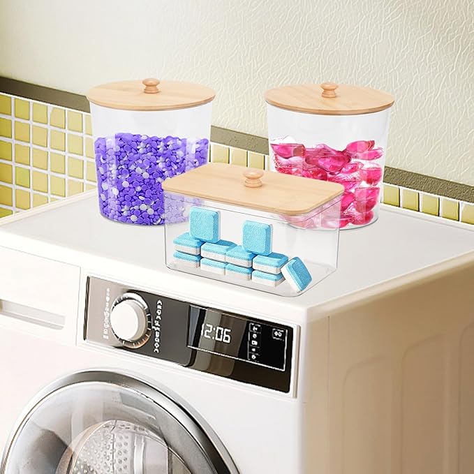 3-Pack Laundry Pods & Detergent Powder Storage Containers with Natural Bamboo Lids for Organized Laundry Room