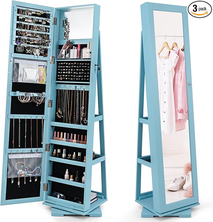 360° Swivel LED Mirror Jewelry Cabinet with Full Length Mirror, Lockable Floor Standing Mirrored Jewelry Armoire Organizer w/Inside Makeup Mirror & Back Storage Shelves, Space-Saving (Sky Blue)