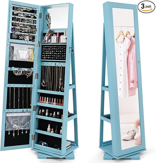 360° Swivel LED Mirror Jewelry Cabinet with Full Length Mirror, Lockable Floor Standing Mirrored Jewelry Armoire Organizer w/Inside Makeup Mirror & Back Storage Shelves, Space-Saving (Sky Blue)