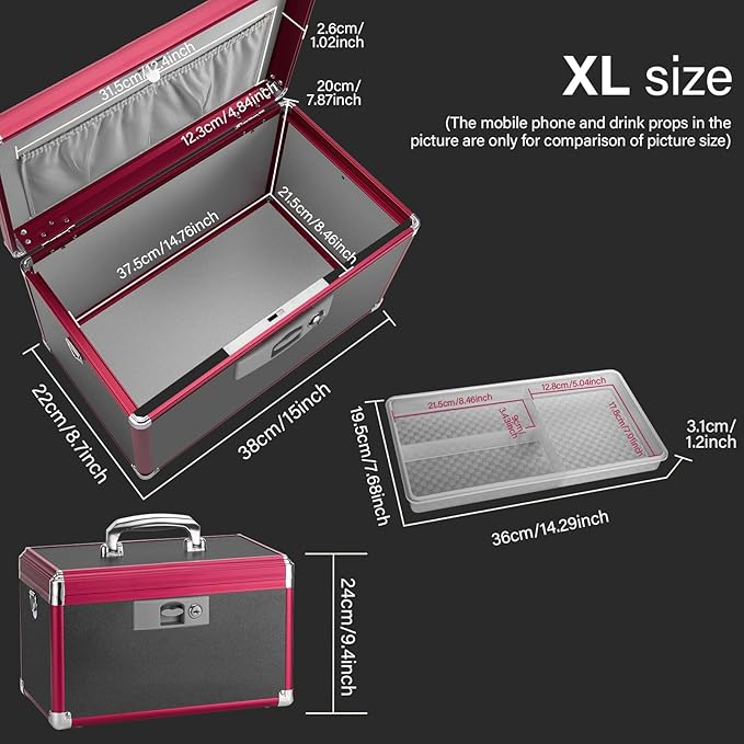 Medicine Lock Box for Safe Medication - 15 x 8.7 x 9.4 Inches - Lockable Storage Box for Drugs, First Aid Kit Empty, Lock Boxes with Key for Home/Outdoor (Black & Red/X-Large)